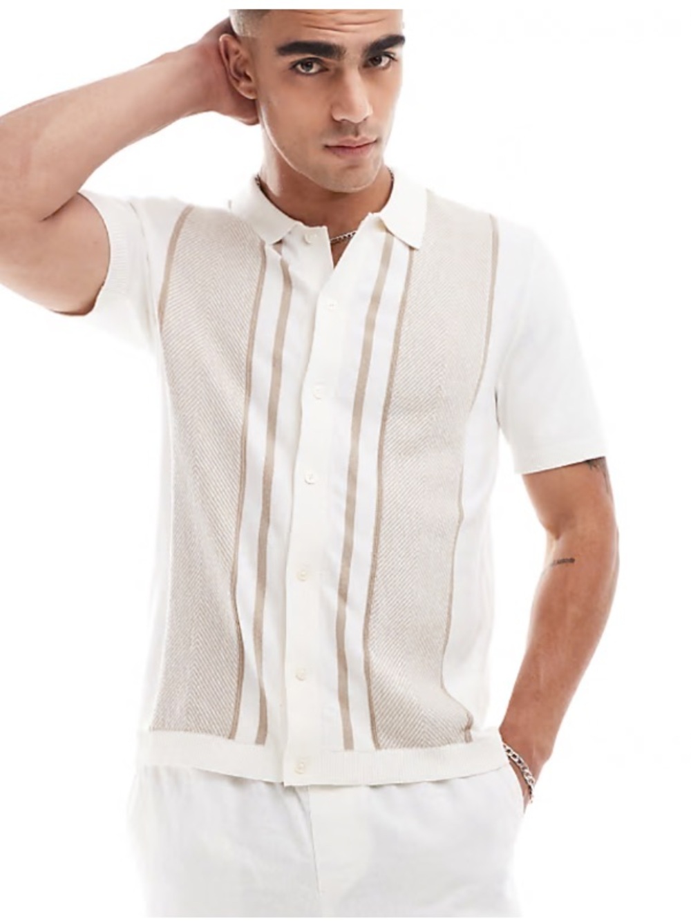 Men's Abercrombie & Fitch Tall Striped Knit Polo Button-Up Shirt Tan XXL